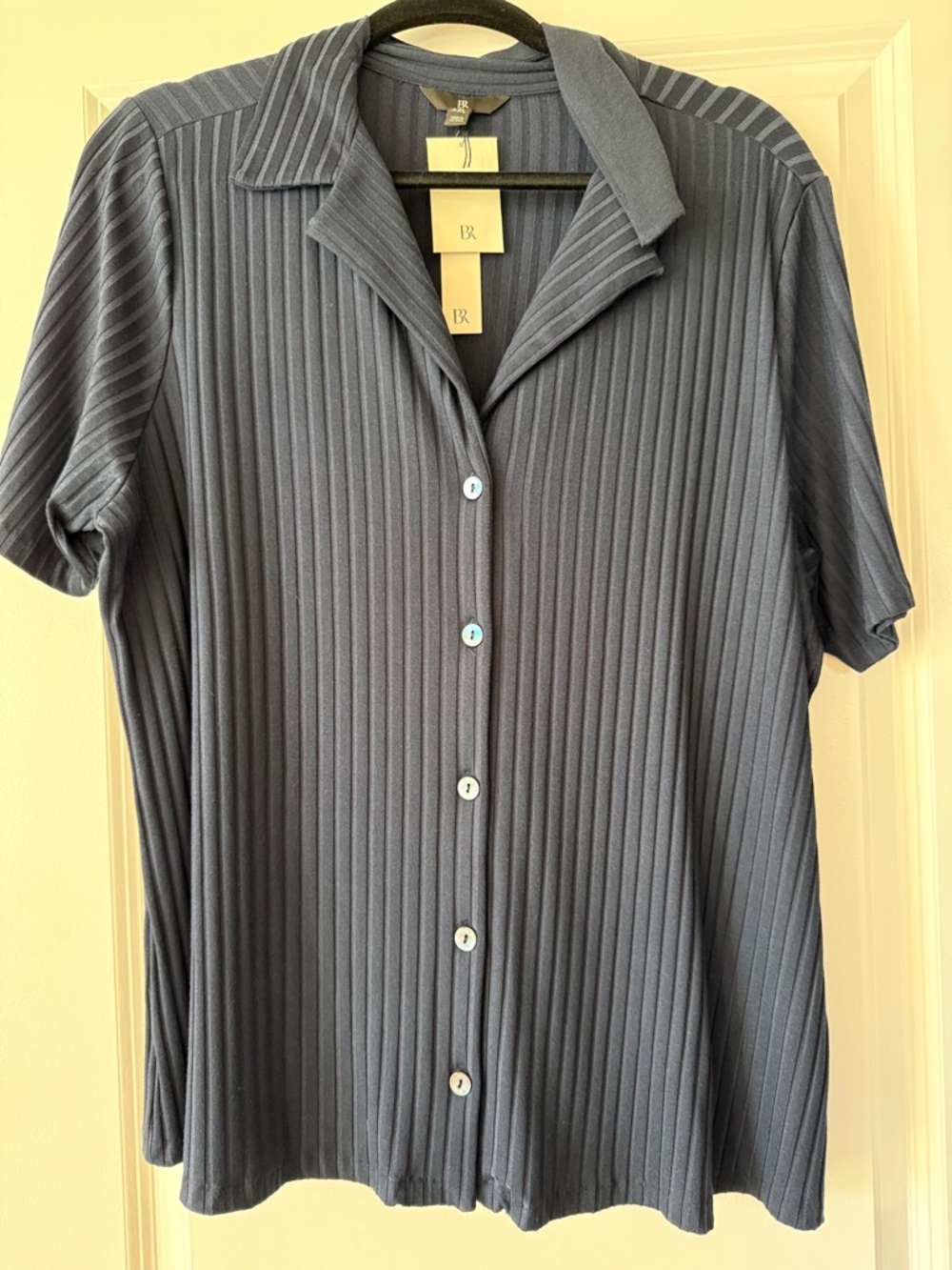Banana Republic Ribbed Short-Sleeve Button-Up Shirt in Navy